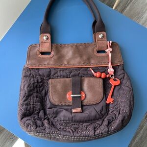 Fossil Brown and Red Quilted Shoulder Bag